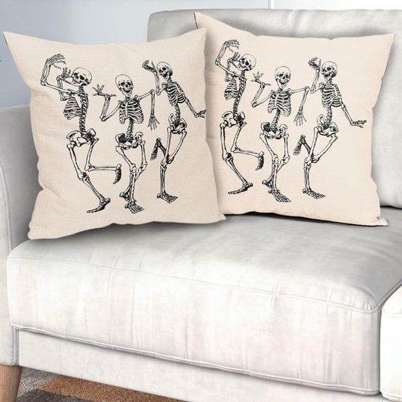Set of 2 Ivory Black Dancing Skeletons Pillow Covers Goth Skeleton Throw Pillows
